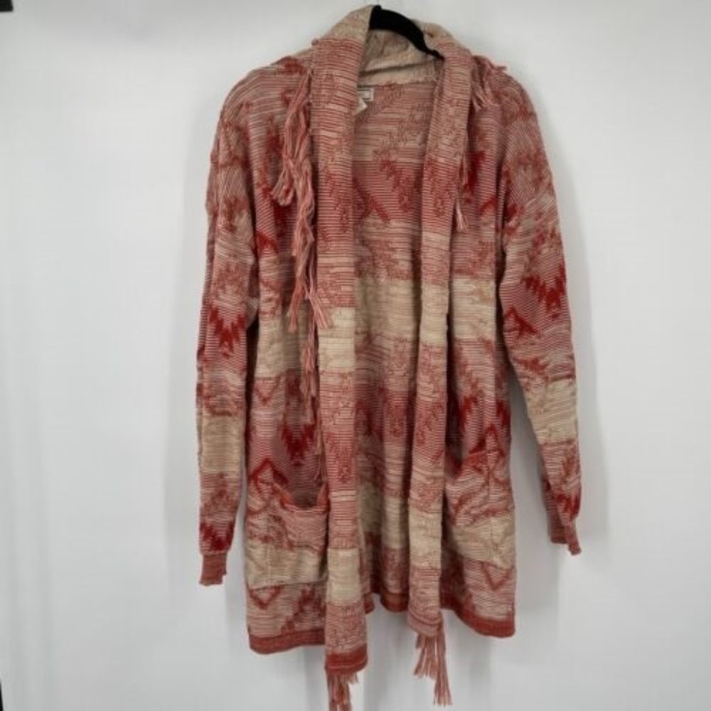 Flying Tomato Cardigan Sweater Medium Womens Beige Fringe Boho Pockets Open Knit